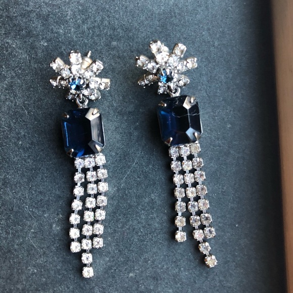 Blue topaz stone & white rhinestone drop earrings - Picture 1 of 8